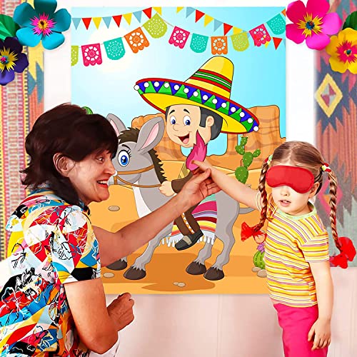 OuMuaMua Pin The Tail On The Donkey - Juego de 43 piezas con temática mexicana de juegos de burro, colas de burro y vendas para juego de burro mexicano, suministros de fiesta de cumpleaños para niños