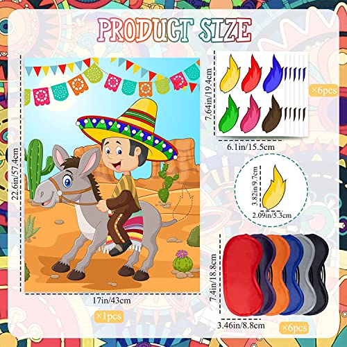 OuMuaMua Pin The Tail On The Donkey - Juego de 43 piezas con temática mexicana de juegos de burro, colas de burro y vendas para juego de burro mexicano, suministros de fiesta de cumpleaños para niños