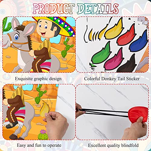 OuMuaMua Pin The Tail On The Donkey - Juego de 43 piezas con temática mexicana de juegos de burro, colas de burro y vendas para juego de burro mexicano, suministros de fiesta de cumpleaños para niños