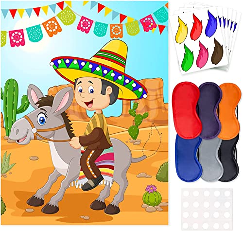 OuMuaMua Pin The Tail On The Donkey - Juego de 43 piezas con temática mexicana de juegos de burro, colas de burro y vendas para juego de burro mexicano, suministros de fiesta de cumpleaños para niños