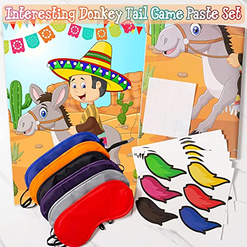 OuMuaMua Pin The Tail On The Donkey - Juego de 43 piezas con temática mexicana de juegos de burro, colas de burro y vendas para juego de burro mexicano, suministros de fiesta de cumpleaños para niños