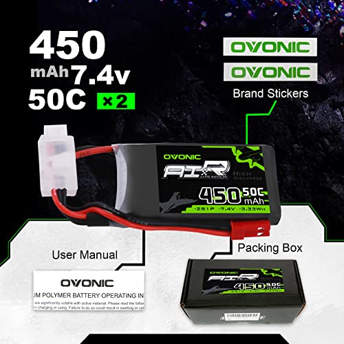 OVONIC Lipo RC batería 2pcs 7.4V 450mAh 50C 2S con Conector JST para Emax Babyhawk Doinker Moskito Mico RC Heli 250 Helicóptero Pequeño Avión Micro FPV Racing Drone Quadcopter