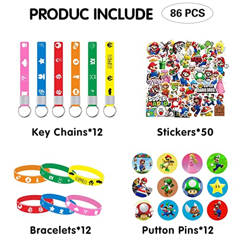 PaCum 86 pcs Super Malirio Favores de Fiesta,Malirio Cumpleaños,Malirio Decoración Cumpleaños,Incluir Llavero,Pegatinas,Pulsera de Goma,Broche Redondo,Favores de Fiesta de Adecuado para Niños