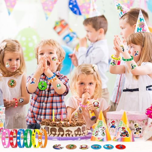 PaCum 86 pcs Super Malirio Favores de Fiesta,Malirio Cumpleaños,Malirio Decoración Cumpleaños,Incluir Llavero,Pegatinas,Pulsera de Goma,Broche Redondo,Favores de Fiesta de Adecuado para Niños