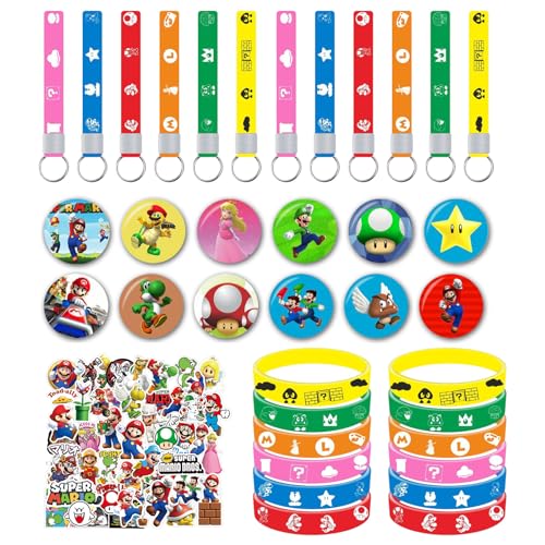 PaCum 86 pcs Super Malirio Favores de Fiesta,Malirio Cumpleaños,Malirio Decoración Cumpleaños,Incluir Llavero,Pegatinas,Pulsera de Goma,Broche Redondo,Favores de Fiesta de Adecuado para Niños