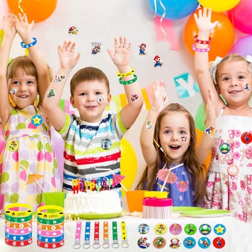 PaCum 86 pcs Super Malirio Favores de Fiesta,Malirio Cumpleaños,Malirio Decoración Cumpleaños,Incluir Llavero,Pegatinas,Pulsera de Goma,Broche Redondo,Favores de Fiesta de Adecuado para Niños