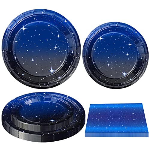 Paquete de 120 suministros de fiesta de galaxia espacial, juego de vajilla de noche estrellada, plato de feliz cumpleaños, placa de espacio exterior, decoración de fiesta de cumpleaños, sirve para 40