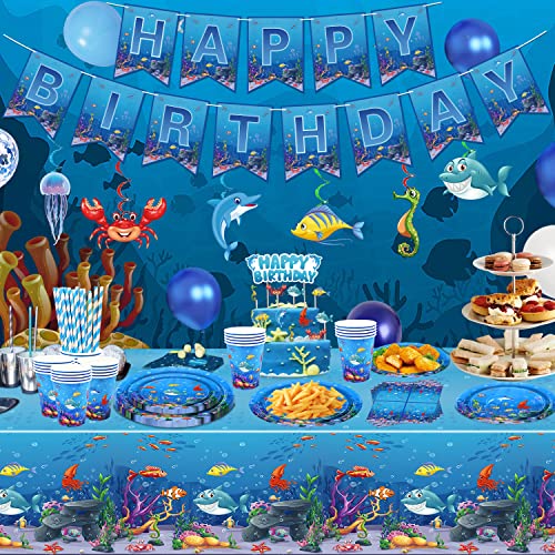 Paquete de 188 suministros de fiesta bajo el mar, juego de vajilla para fiesta del mar del océano, platos, vasos, servilletas, mantel, pancarta, globos, fiesta, decoraciones para 20