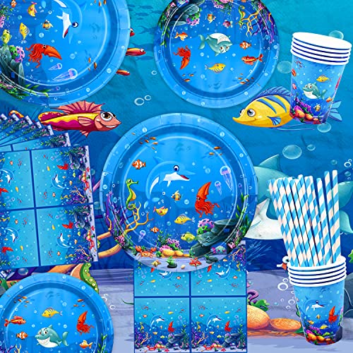 Paquete de 188 suministros de fiesta bajo el mar, juego de vajilla para fiesta del mar del océano, platos, vasos, servilletas, mantel, pancarta, globos, fiesta, decoraciones para 20