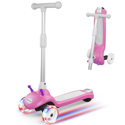 Patinete eléctrico para niños, 3 ruedas, luz LED arco iris, Lean to Steer, altura regulable, patinete eléctrico para niños, 80 W E Roller niños a partir de 3 – 10 años