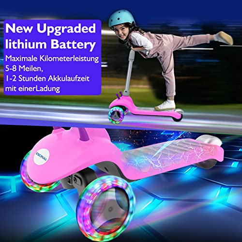 Patinete eléctrico para niños, 3 ruedas, luz LED arco iris, Lean to Steer, altura regulable, patinete eléctrico para niños, 80 W E Roller niños a partir de 3 – 10 años