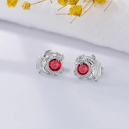 Pendientes de dragón de plata de ley hipoalergénicos con piedra natal de cristal para mujeres y niñas, Plata de ley, Crystal