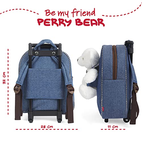 PERLETTI Mochila Trolley Infantil con Oso Polar Peluche - Bolsa con Ruedas y Muñeco para Niños Niñas 3 4 5 Años Azul - Pequeño Bolso Escolar para Guardería Viaje con Animal Peluche - 29x33x11 cm