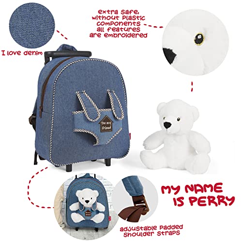 PERLETTI Mochila Trolley Infantil con Oso Polar Peluche - Bolsa con Ruedas y Muñeco para Niños Niñas 3 4 5 Años Azul - Pequeño Bolso Escolar para Guardería Viaje con Animal Peluche - 29x33x11 cm