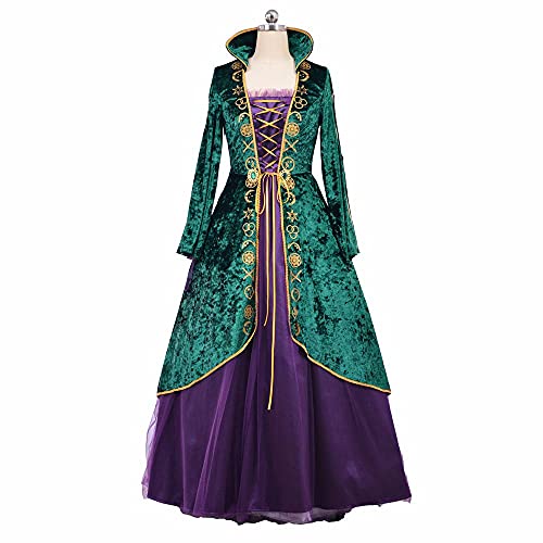 PGY Hocus Pocus Cosplay Mujeres Winifred Sanderson Vestido Halloween Bruja Cosplay Traje Plus Tamaño Vestido 3XL, Verde Oscuro y Púrpura