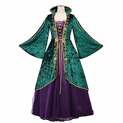 PGY Hocus Pocus Cosplay Mujeres Winifred Sanderson Vestido Halloween Bruja Cosplay Traje Plus Tamaño Vestido 3XL, Verde Oscuro y Púrpura