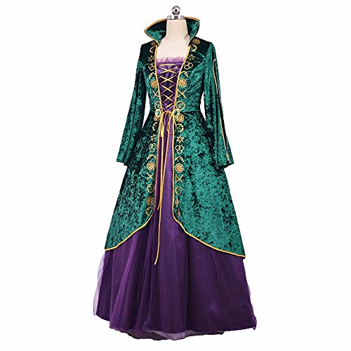 PGY Hocus Pocus Cosplay Mujeres Winifred Sanderson Vestido Halloween Bruja Cosplay Traje Plus Tamaño Vestido 3XL, Verde Oscuro y Púrpura