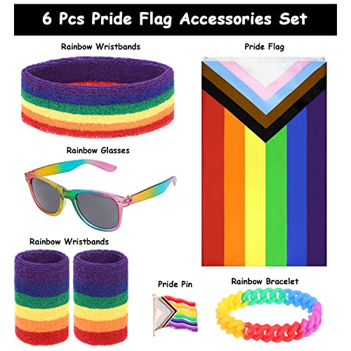 PHOGARY Juego de Capa de Bandera del Orgullo Gay LGBTQ de 6 Piezas, Que Incluye Bandera, Diadema de Arco Iris, Pulseras, Gafas de Sol, Pulsera para Festivales del Orgullo Gay, Desfile del Orgullo