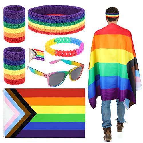 PHOGARY Juego de Capa de Bandera del Orgullo Gay LGBTQ de 6 Piezas, Que Incluye Bandera, Diadema de Arco Iris, Pulseras, Gafas de Sol, Pulsera para Festivales del Orgullo Gay, Desfile del Orgullo