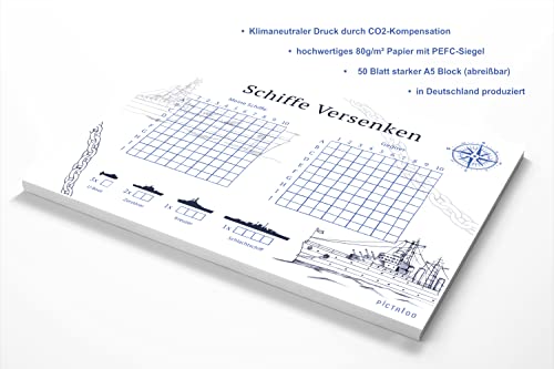 PICTALOO Juego de bloc de juegos para descender barcos, maniobra de flota con 50 hojas por bloque, DIN A5, juego de viaje para viajes, idioma alemán, juego familiar divertido (2 unidades)