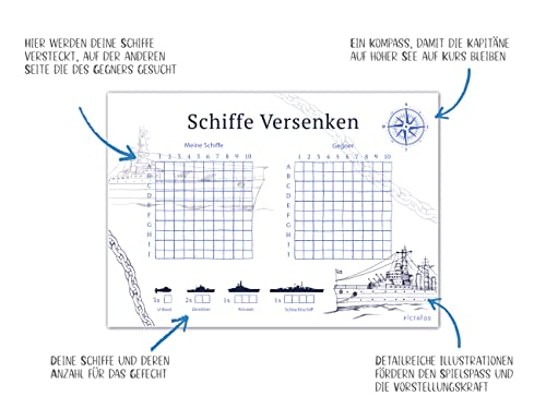 PICTALOO Juego de bloc de juegos para descender barcos, maniobra de flota con 50 hojas por bloque, DIN A5, juego de viaje para viajes, idioma alemán, juego familiar divertido (2 unidades)