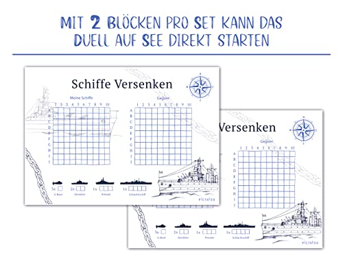 PICTALOO Juego de bloc de juegos para descender barcos, maniobra de flota con 50 hojas por bloque, DIN A5, juego de viaje para viajes, idioma alemán, juego familiar divertido (2 unidades)