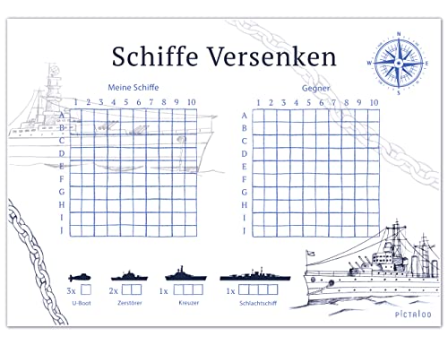 PICTALOO Juego de bloc de juegos para descender barcos, maniobra de flota con 50 hojas por bloque, DIN A5, juego de viaje para viajes, idioma alemán, juego familiar divertido (2 unidades)