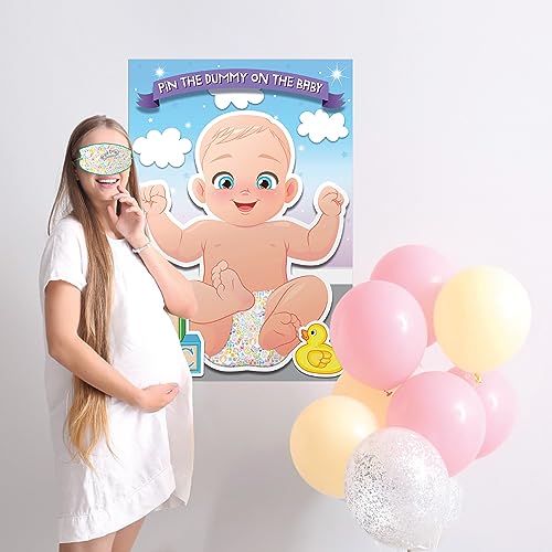 Pin The Dummy on The Baby Game Baby Shower Juegos para adultos, niños, niños, actividades de fiesta familiar, hasta 30 jugadores, incluye póster grande, venda de ojos de doble cara, 30 calcomanías de