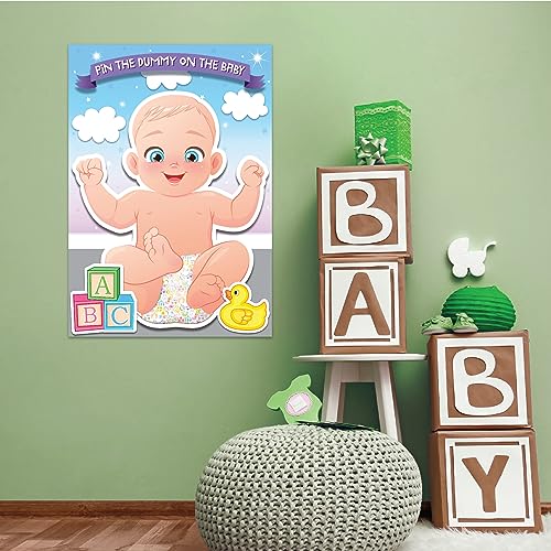 Pin The Dummy on The Baby Game Baby Shower Juegos para adultos, niños, niños, actividades de fiesta familiar, hasta 30 jugadores, incluye póster grande, venda de ojos de doble cara, 30 calcomanías de