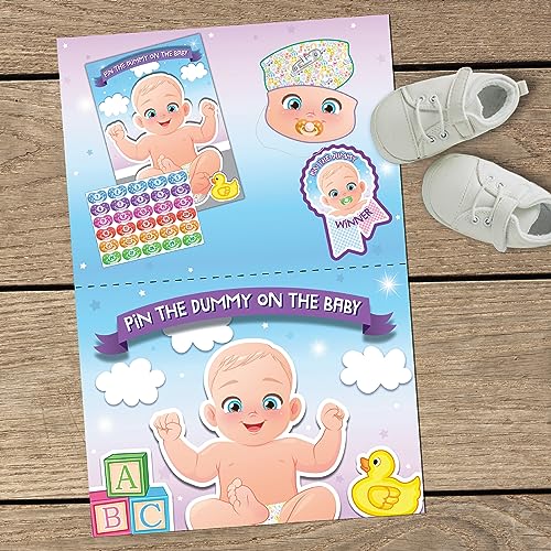 Pin The Dummy on The Baby Game Baby Shower Juegos para adultos, niños, niños, actividades de fiesta familiar, hasta 30 jugadores, incluye póster grande, venda de ojos de doble cara, 30 calcomanías de