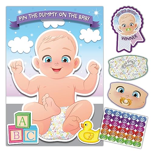 Pin The Dummy on The Baby Game Baby Shower Juegos para adultos, niños, niños, actividades de fiesta familiar, hasta 30 jugadores, incluye póster grande, venda de ojos de doble cara, 30 calcomanías de