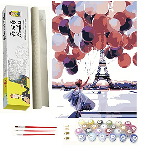 Pintar por números para adultos paisaje de globos de París - Pintura para pintar por números con pinceles y colores brillantes Cuadro de lienzo con numeros pre dibujado fácil de pintar