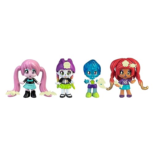 Pinypon - Terrific Friends, Pack de 4 Figuras vampiresa, Chica loba, Chica Esqueleto y Chico Fantasma, muñecos con Decoraciones y Accesorios Que Brillan en la Oscuridad, +4 años, Famosa (PNY47000)