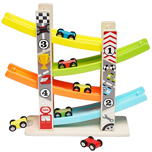 Pista de Coches para niños, rampa de Madera con 4 rampas y 6 Mini Coches, rampa Racer Coche de Juguete, 22x9x27cm