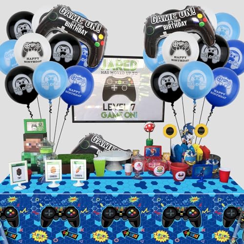 PIXHOTUL 4 manteles de videojuegos para decoración de fiesta de juegos, fundas de mesa de plástico, decoraciones de cumpleaños azules para niños, suministros de fiesta de jugadores, 130 x 220 cm