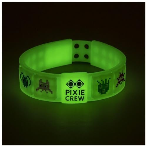 PIXIE CREW Pulsera Universal de Silicona Blanca Que Brilla en la Oscuridad Con Formas de Moustruos Ajustable Incluye 4 multipíxeles y 30 Pequeños Píxeles Multicolores Reutilizables Accesorio