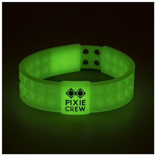 PIXIE CREW Pulsera Universal de Silicona Blanca Que Brilla en la Oscuridad Con Formas de Moustruos Ajustable Incluye 4 multipíxeles y 30 Pequeños Píxeles Multicolores Reutilizables Accesorio