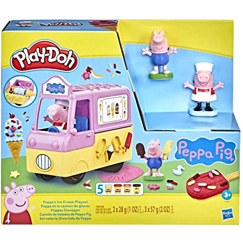 Play-Doh - Camión de Helados de Peppa Pig - Figuras de Peppa y George y 5 Botes (F3597) & Juego de diseño Peppa Pig 9 Botes de plastilina no tóxica, 11 Accesorios