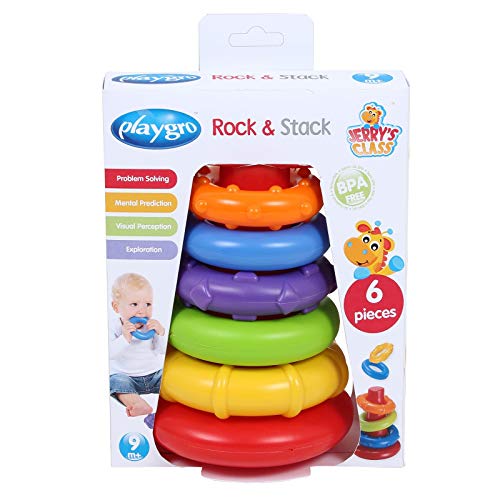 Playgro Ring Tower, Stacking Toy Pirámide Rock and Stack, Color Verde, Amarillo, Rojo, Lila, Naranja, 1 Unidad (Paquete de 1) (40082) & winfun - Mi Primer Mando con Sonidos de (44722)