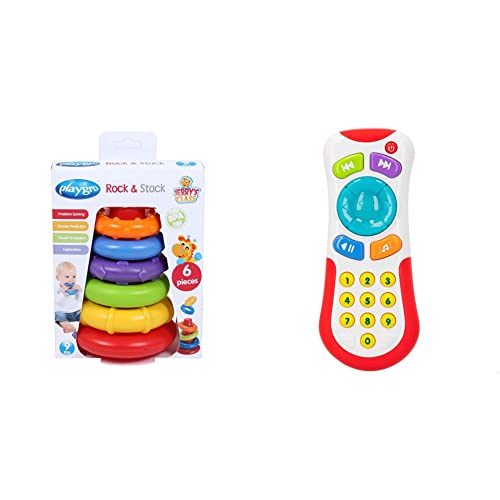 Playgro Ring Tower, Stacking Toy Pirámide Rock and Stack, Color Verde, Amarillo, Rojo, Lila, Naranja, 1 Unidad (Paquete de 1) (40082) & winfun - Mi Primer Mando con Sonidos de (44722)