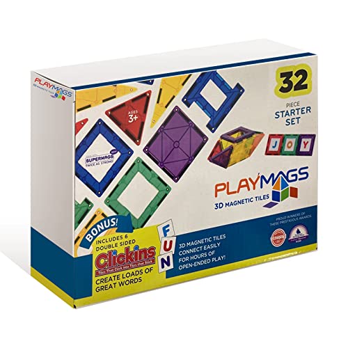 Playmags Juego de Azulejos de Colores de 32 Piezas, Azulejos de construcción magnéticos únicos galardonados, Creatividad y Juguetes educativos de construcción para niños, Aprobado por Stem