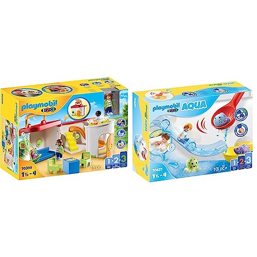 PLAYMOBIL 1.2.3 70399 Guardería Maletín,a Partir de 18 Meses & 1.2.3 Aqua 70637 Diversión en la Pesca con Animales del Mar, Juguete de baño para niños pequeños