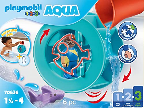 PLAYMOBIL 1,2,3 Aqua 70636 Rueda de Agua con bebé tiburón, Juguete de baño para niños pequeños, con tiburón Que Flota, Primer Juguete para niños a Partir de 18 Meses