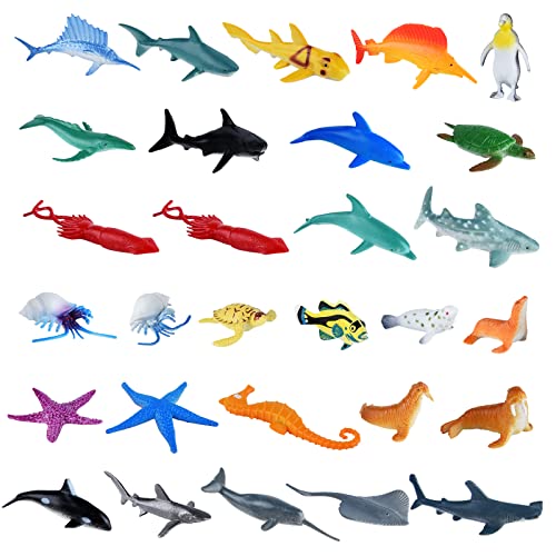 PLULON 32Pcs Figuras de Animales Marinos, Juguetes de Animales de Criaturas Marinas Figuras de Juego para niños Animales de plástico Adornos para Tartas para niños Suministros para Fiestas