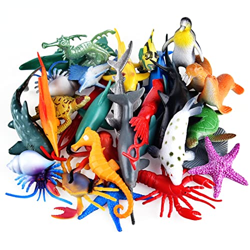 PLULON 32Pcs Figuras de Animales Marinos, Juguetes de Animales de Criaturas Marinas Figuras de Juego para niños Animales de plástico Adornos para Tartas para niños Suministros para Fiestas