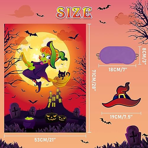 Ponle Sombrero a Bruja - Niños Halloween Fiesta Juegos con Venda en los Ojos Halloween Alfiler Juego Bruja Cartel 24 Piezas Bruja Sombrero Pegatinas Niña Halloween Fiesta Decoración Cumpleaños Decor