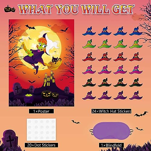 Ponle Sombrero a Bruja - Niños Halloween Fiesta Juegos con Venda en los Ojos Halloween Alfiler Juego Bruja Cartel 24 Piezas Bruja Sombrero Pegatinas Niña Halloween Fiesta Decoración Cumpleaños Decor