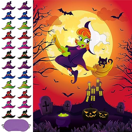 Ponle Sombrero a Bruja - Niños Halloween Fiesta Juegos con Venda en los Ojos Halloween Alfiler Juego Bruja Cartel 24 Piezas Bruja Sombrero Pegatinas Niña Halloween Fiesta Decoración Cumpleaños Decor