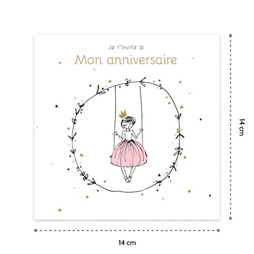 Popcarte Carte invitation anniversaire fille • Lote de 16 cajas de invitación y sobres rosa • Tema Princesa para un cumpleaños infantil • Tarjeta Made in France 14 x 14 cm • Princesa