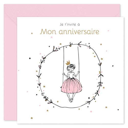 Popcarte Carte invitation anniversaire fille • Lote de 16 cajas de invitación y sobres rosa • Tema Princesa para un cumpleaños infantil • Tarjeta Made in France 14 x 14 cm • Princesa